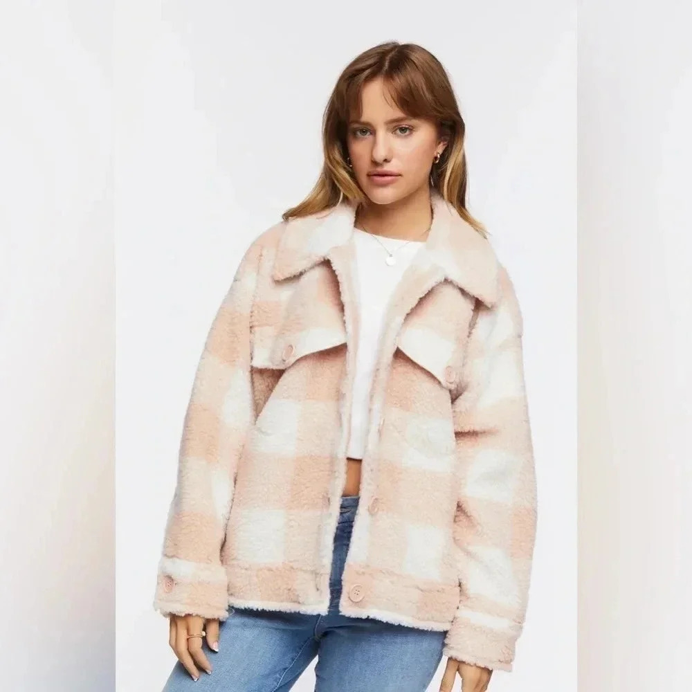 NWT Forever 21 Faux Fur Plaid Jacket Dusty Pink/Cream Plus Sz 2X